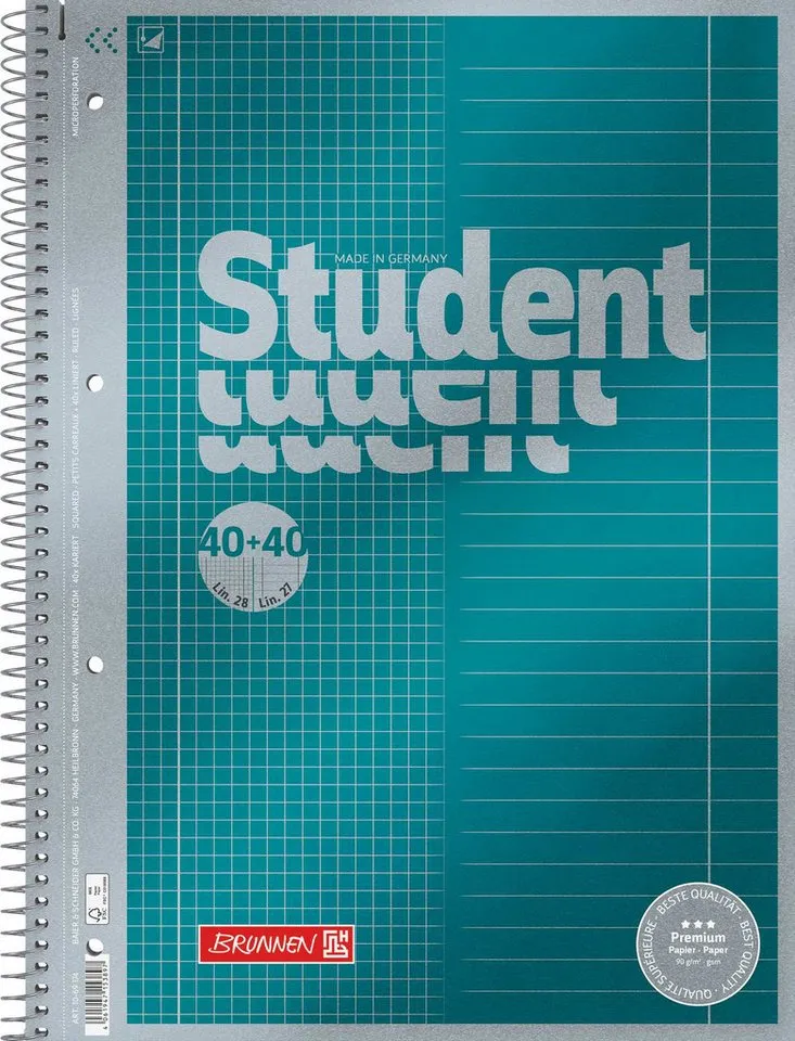 Baier & Schneider Collegeblock Collegeblock Premium Student DUO A4 kariert liniert 80 Blatt, Premiumpapier, hochweiß, satiniert, tintenfest, FSC MIX – Produktbild 1 von 3