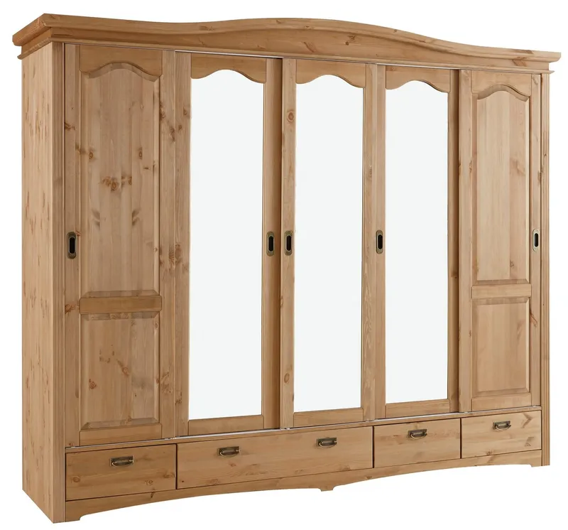 OTTO home Schiebetürenschrank Konrad, Landhausstil, rustikal, mit Schubladen + Spiegel, Kassetten (B/H/T ca. 249 cm x 207 cm x 64 cm) massive Kiefer, FSC®-zertifiziert, Messinggriffe, Beige, – Produktbild 1 von 5