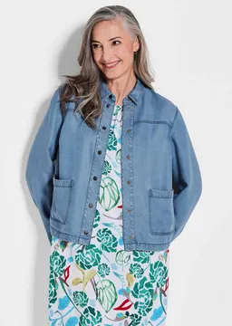 Goldner Goldner Outdoorjacke Denim-Jacke in Blau mit aufgesetzten Taschen Langarm leichte Jacke in Denim-Look mit Druckknöpfen – Produktbild 1 von 1