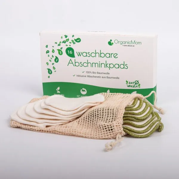 OrganicMom® OrganicMom® 16 Bio-Baumwolle Abschminkpads waschbar in natur + grün inkl. Baumwollbeutel – Produktbild 3 von 4