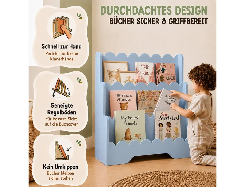 Smartwood Kinderregal Montessori, Bücherregal Kinder, FSC-Kiefernholz, Blau, LULU, Blau, – Produktbild 5 von 5