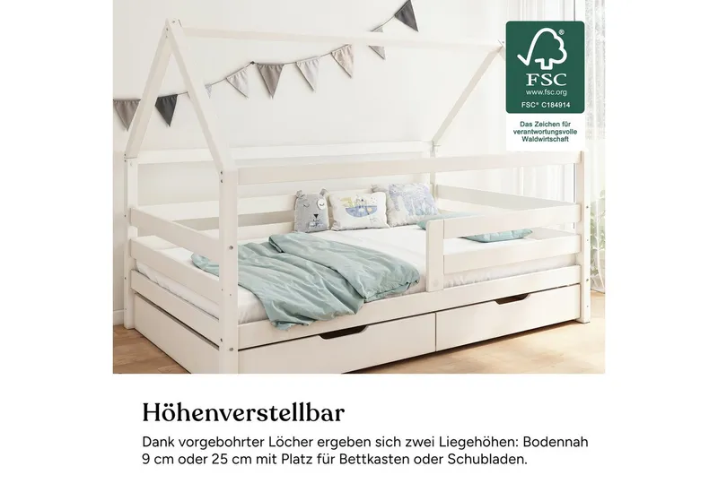 Ehrenkind Hausbett Sona aus FSC®-zertifiziertem Kiefernholz, höhenverstellbar (90x200 cm mit Doppelschublade, inkl. Rollrost und abnehmbarem Rausfallschutz), 2-in-1 Bett – bodentief oder in Standardhöhe aufbaubar, Weiß, – Produktbild 4 von 5