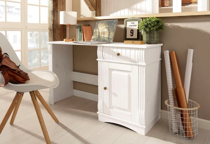 OTTO home Schreibtisch Teresa (Maße (B/T/H): 120/37/73 cm), Computertisch mit Schublade, Massivholz, Breite 120 cm, Weiß, – Produktbild 3 von 5