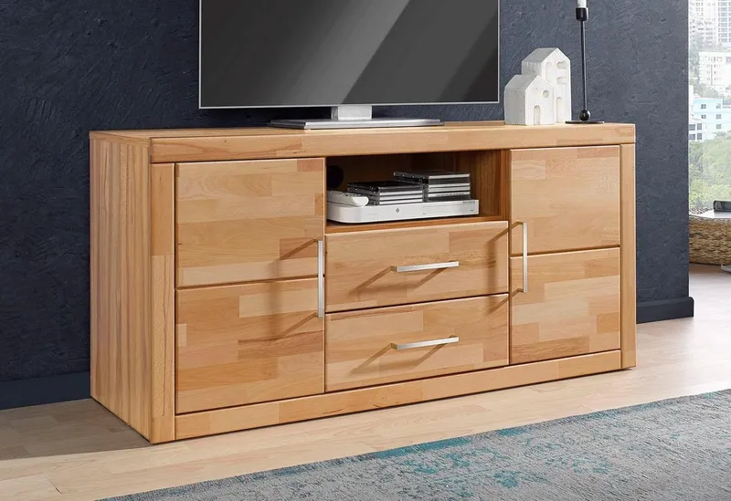 OTTO home Lowboard Logo,130cm breit, Fronten Massivholz,5 Fächer, Holz massiv, Holzwerkstoff, Metall Griffe,2 Türen,2 Schubladen, Braun, – Produktbild 4 von 9