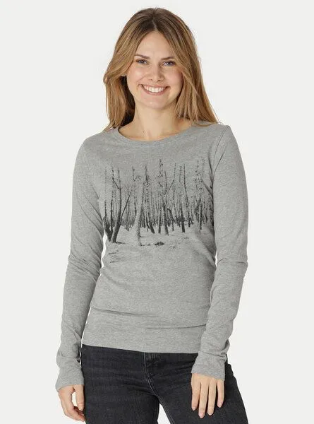 Peaces.bio - handbedruckte Biomode Peaces.bio - handbedruckte Biomode Damen Langarmshirt Woodland, Hellgrau, – Produktbild 1 von 2