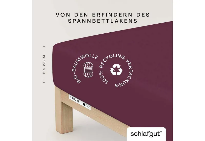Schlafgut Schlafgut Spannbettlaken CASUAL Bettlaken 100% gekämmte Bio-Baumwolle, 150 g/m², Spannbetttuch, Jersey, Gummizug: rundum, (1 Stück), Bettlaken bis 25 cm Höhe, langlebig, weich, Antipilling-Ausrüstung, Lila, – Produktbild 2 von 5
