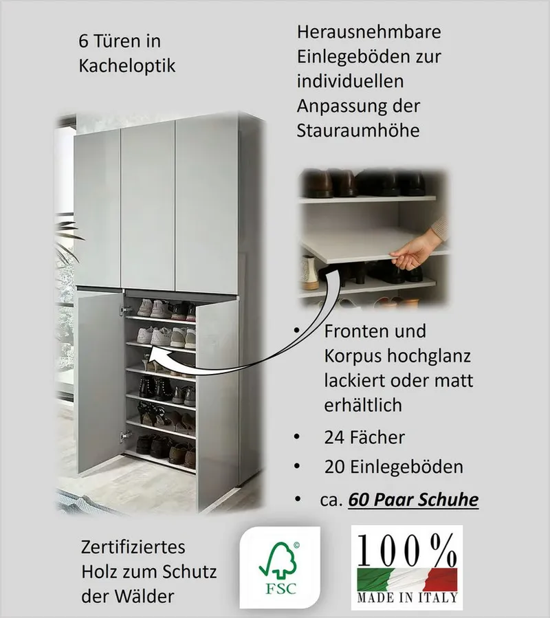 Home affaire Schuhschrank MISTER Schuhkommode, Schuhmöbel, Schuhregal, Hochglanz lackiert Breite 120 cm, Höhe 200 cm, 6 Türen, 24 Fächer, ca.58 paar Schuhe, Grau, – Produktbild 5 von 5