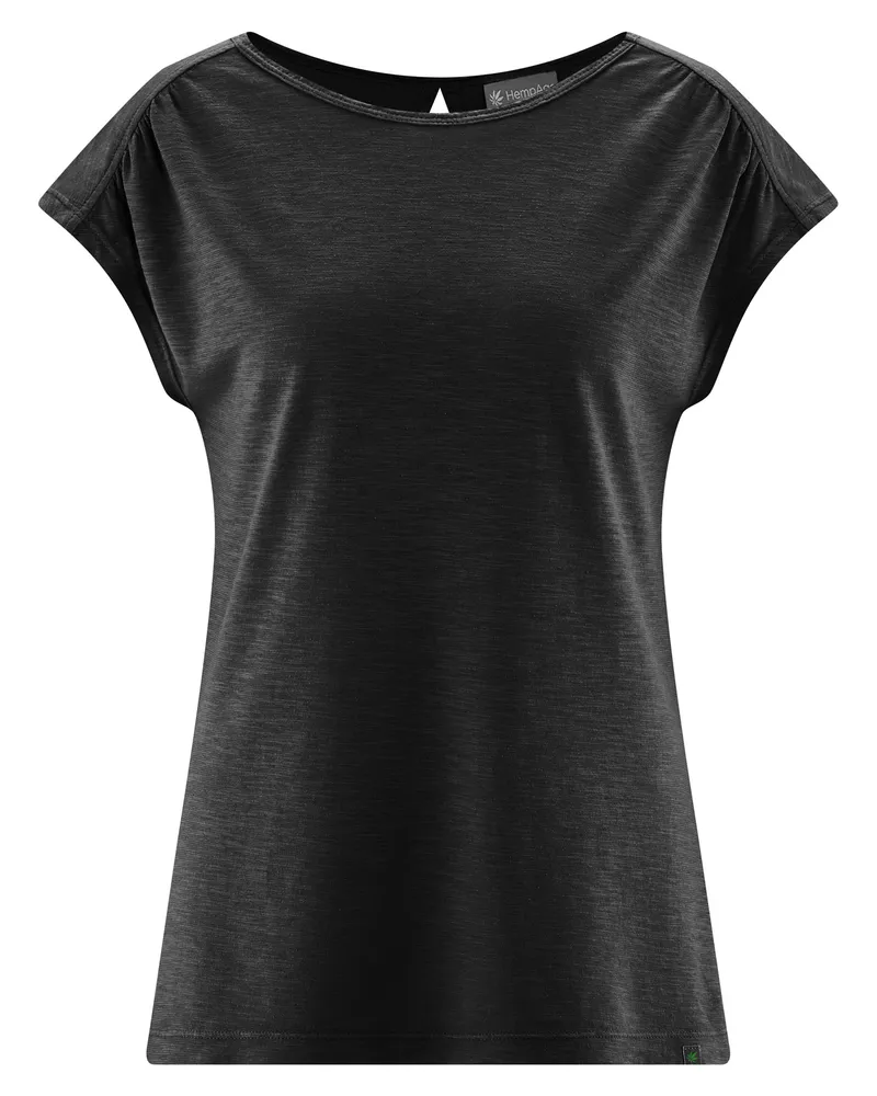 HempAge Hempage Damen vegan T-Shirt Mit Ausschnitt Am Rücken Schwarz, Schwarz, – Produktbild 1 von 2