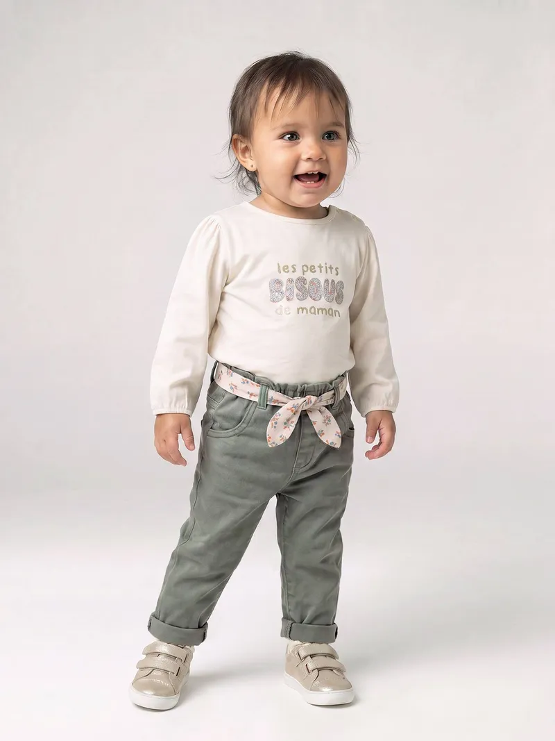 Vertbaudet Paperbag-Hose mit Stoffgürtel Baby Mädchen, Grün, – Produktbild 1 von 4