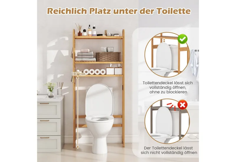 COSTWAY COSTWAY Badregal, 3-stufiger Toilettenregal aus Bambus, mit 3 Haken – Produktbild 4 von 5