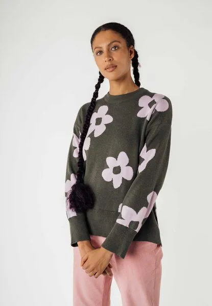 MELA Jacquard Strickpullover FAIZA | von MELA | Fairtrade & GOTS zertifiziert, Grün melange / lilac blume, – Produktbild 1 von 4