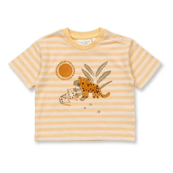 Sense Organics Sense Organics Baby T-Shirt, Modell ANTON, Butterblumengelb-weiß geringelt mit leopard, – Produktbild 1 von 4
