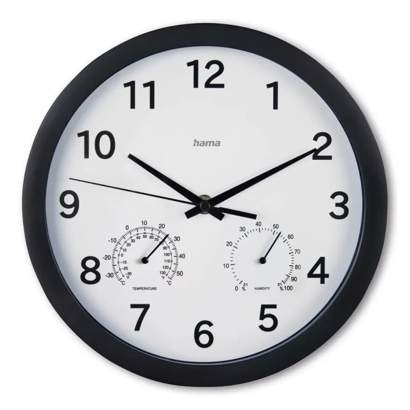 Hama Hama Wanduhr "Malta", Ø 25 cm, mit Thermo-/Hygrometer, ohne Ticken, Schwarz, – Produktbild 1 von 4