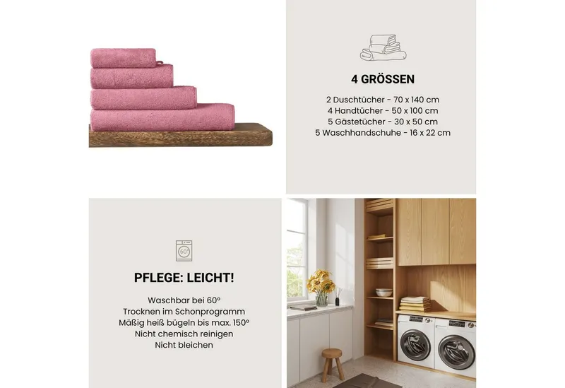 Schiesser Schiesser Waschhandschuh Milano Waschhandschuh-Set aus weicher Baumwolle in Frottier-Qualität, (5-St), mit Webbordüre, Rosa, – Produktbild 5 von 5