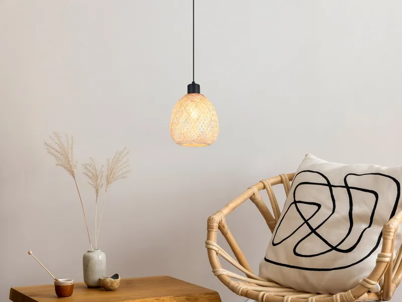 Reality Leuchten LED Pendelleuchte, Dimmfunktion, LED wechselbar, über Lichtschalter in 3 Stufen dimmbar, warmweiß, Klein-e Korb-lampe Lampenschirm geflochten Bambus hängend Bett, Ø 18cm, Beige, – Produktbild 2 von 5