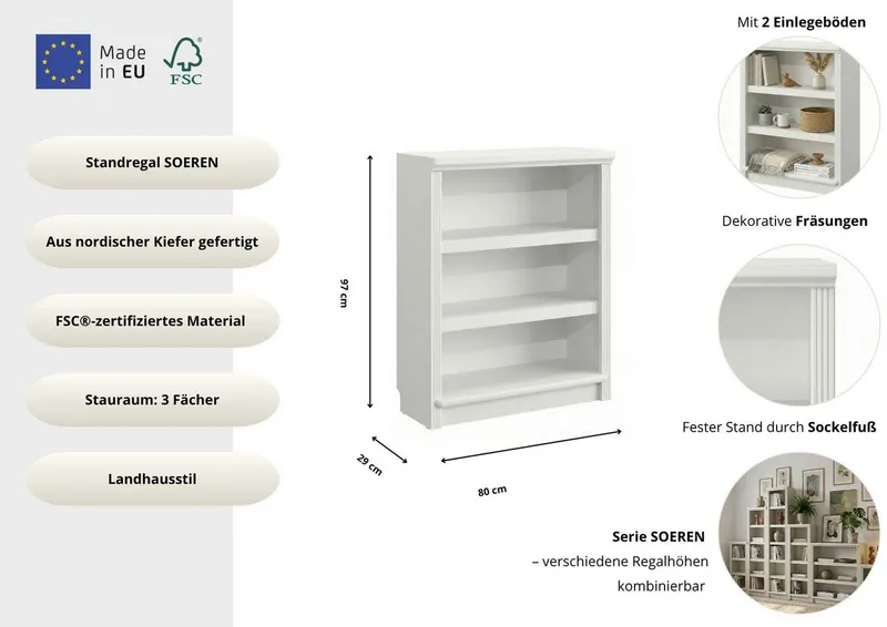 OTTO home Standregal Soeren Regal Bücherregal B/T/H: 80/29/97 cm, massive Kiefer, FSC®-zertifiziert, Weiß, – Produktbild 1 von 5