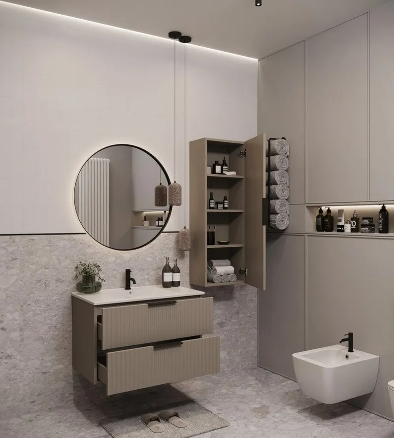 welltime Waschtisch TIBU mit Waschbecken. 2 Schubladen. 2 Breiten (60/80cm) und 4 Farben, Badschrank mit Waschbecken, Softclose, Maße B/H/T: 81,5/53/47 cm, Beige, – Produktbild 5 von 5