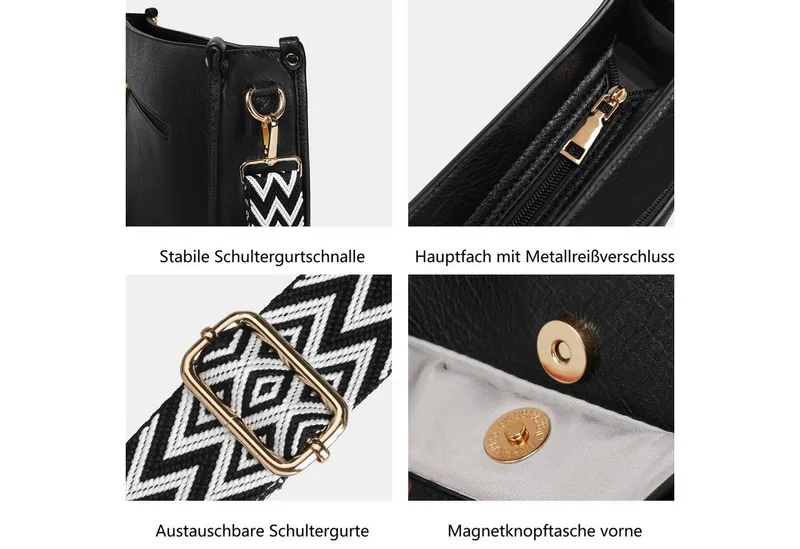 TANTOMI Umhängetasche Damen Handtasche mittelgroß Crossbody Bag Mit Geldbörse, Damen Tasche mit Verstellbar Breitem Schultergurt, Schwarz, – Produktbild 5 von 5