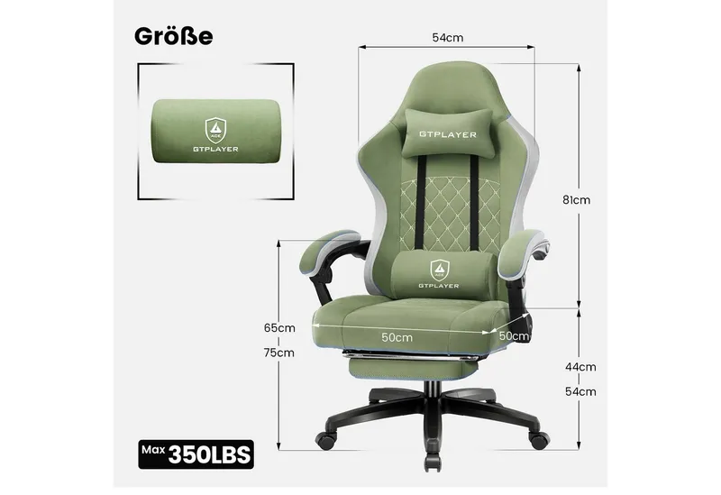 GTPLAYER Gaming-Stuhl Gaming Stuhl Stoff, Gaming Sessel mit Taschenfederkissen, Drehstuhl, Gamer Stuhl mit Fußstütze150 kg, Grün, – Produktbild 2 von 5