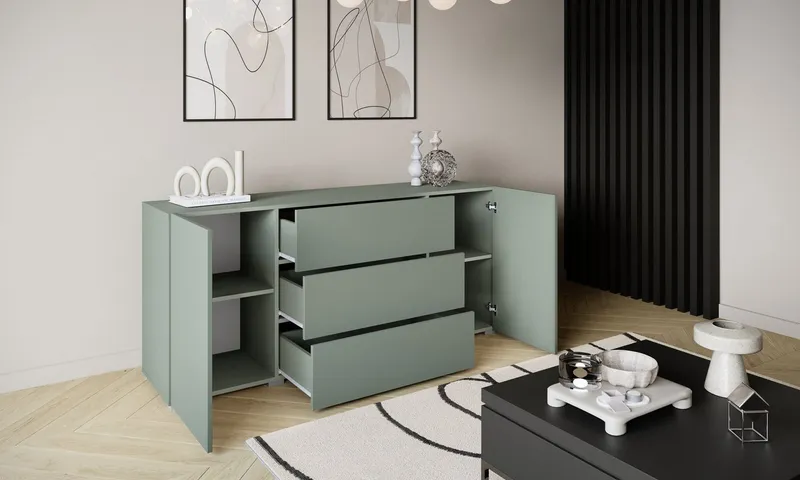 Home affaire Sideboard BERLIN, Moderne grifflose Kommode Breite 150 cm, 4 Schubkästen/ 2 Türen, Grün, – Produktbild 5 von 6