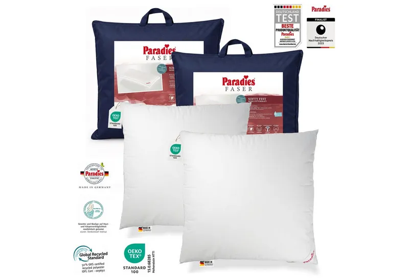 Paradies Paradies Kunstfaserkopfkissen 2 x Paradies Kopfkissen Softy fest 80x80 hohes Bauschvolumen Außensteg, Füllung: Paradies Softys, Bezug: 100% Bio Baumwolle, Seitenschläfer, Bauchschläfer, Rückenschläfer, Hergestellt in Deutschland, Weiß, – Produktbild 2 von 4