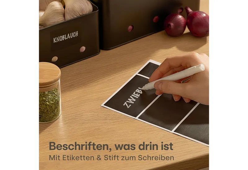 Praknu Vorratsdose Kartoffel Aufbewahrungsbox 3er Set - Mit Belüftung für längere Frische, Eisen, FSC® Bambus, (Aufbewahrungsbox-Set, 7-tlg., 3 Boxen inkl. Zubehör), Stapelbar, Mit FSC® Bambusdeckel, Mit Etiketten & Stift, Schwarz, – Produktbild 4 von 5