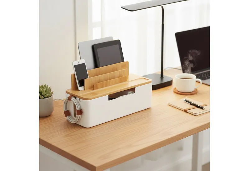 RELAXDAYS RELAXDAYS Kabelbox mit Handyhalter, (7-tlg), Braun|weiß, – Produktbild 2 von 5