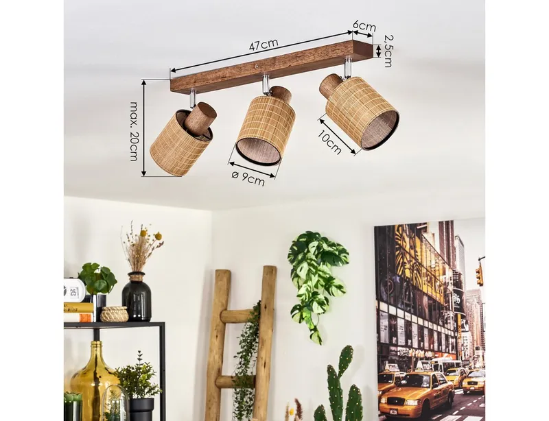 hofstein Deckenleuchte Deckenlampe aus Holz/Metall/Bambus in Dunkelbraun/Chromfarben/Natur, ohne Leuchtmittel, mit verstellbaren Strahlern, 3 x E14, ohne Leuchtmittel, Beige, – Produktbild 4 von 5