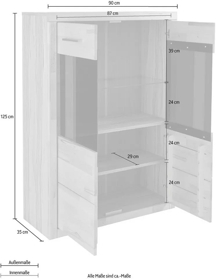 OTTO home Vitrine Ribe, 125 cm hoch, Fronten Massivholz, 4 breite Fächer Korpus Holzwerkstoff, 2Türen mit Glaseinsatz, einlegeboden verstellbar, Braun, – Produktbild 6 von 8