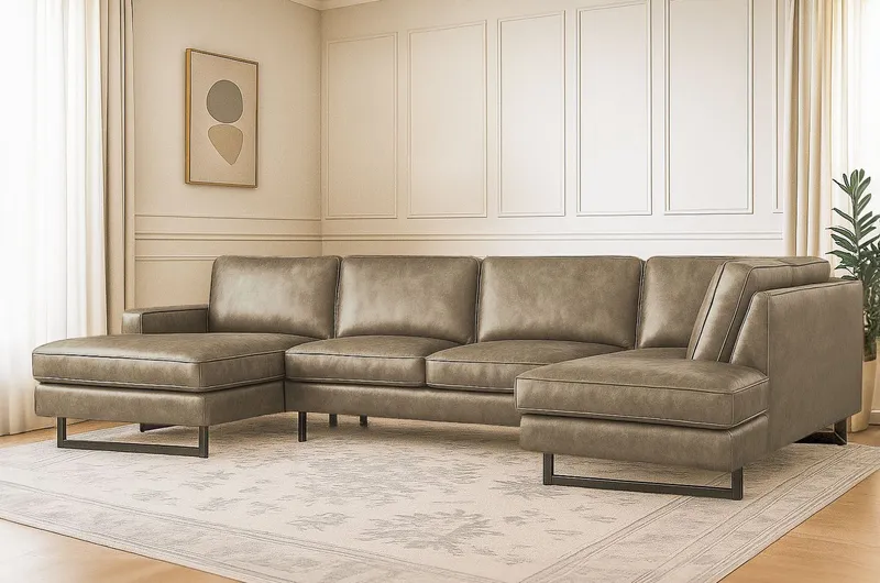 OTTO home Wohnlandschaft Pinto, 350 cm, U-Form, XXL, mit Ottomanen, Cord, Chenille, Lederoptik, mit Keder, Metallfüße, Wellenunterfederung, Grau, – Produktbild 2 von 5
