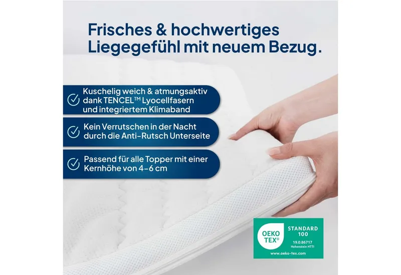 AM Qualitätsmatratzen, Topper Bezug, Atmungsaktiver TENCEL™ Lyocell Topperbezug mit Reißverschluss, 6 cm hoch, TENCEL™ Lyocell, 80x200 cm, Weiß, – Produktbild 1 von 5