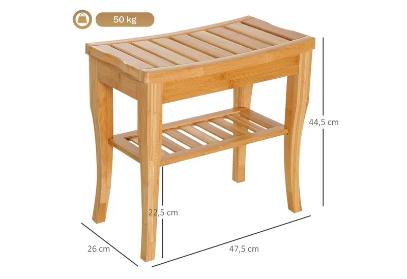 HOMCOM HOMCOM Dusch- und Badhocker Badhocker mit Ablage Duschsitz Duschstuhl Badstuhl Badregal, belastbar bis 130 kg, aus Bambus Natur 47,5 x 26 x 44,5 cm, Beige, – Produktbild 3 von 5
