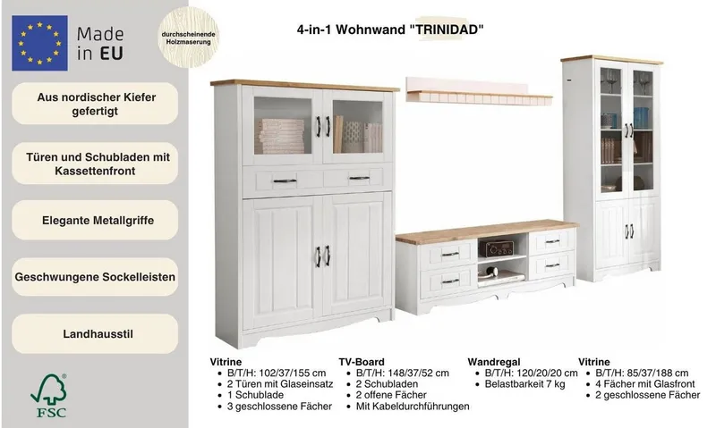 OTTO home Wohnwand Trinidad, (Set, 4-St), Set aus 1 Vitrine, 1 Lowboard, 1 Highboard, 1 Wandboard, Weiß, – Produktbild 3 von 5