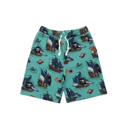 Walkiddy Baby Shorts GOTS zertifiziert – Bio-Baumwolle, Grün mit Piratenschiff-Motiv, elastischer Bund mit Kordel, bequem | Walkiddy – Produktbild 1 von 1