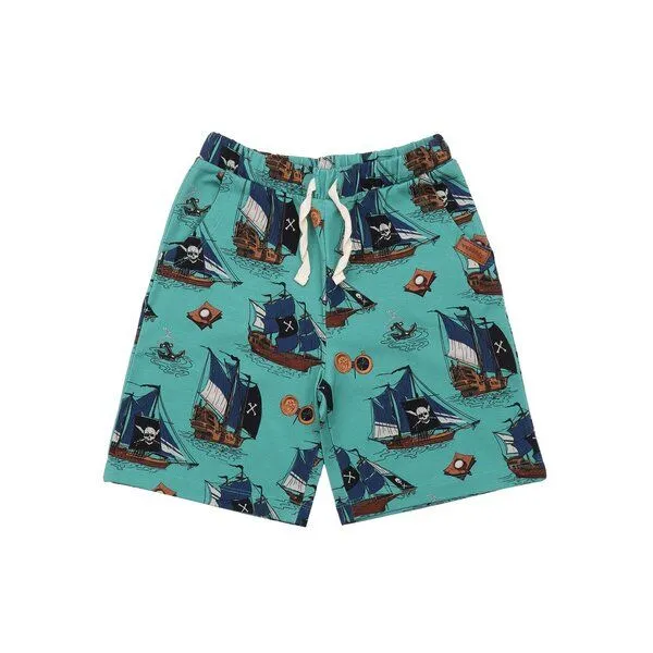 Walkiddy Baby Shorts GOTS zertifiziert – Bio-Baumwolle, Grün mit Piratenschiff-Motiv, elastischer Bund mit Kordel, bequem | Walkiddy, Grün, – Produktbild 1 von 3