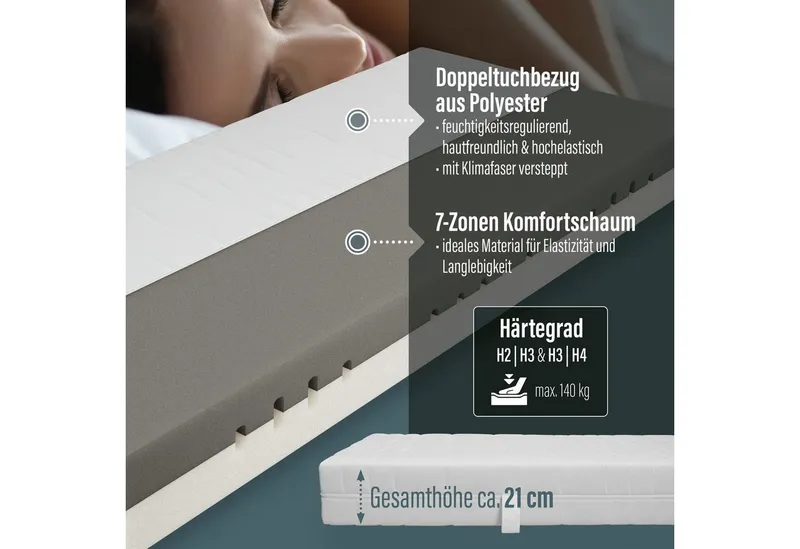 Beco Kaltschaummatratze Twin Sleep 7-Zonen Kaltschaummatratze 21 cm wendbar, Beco, 21 cm hoch, Allergikergeeignet, wendbar, waschbarer Bezug bis 60 °C – Produktbild 2 von 5