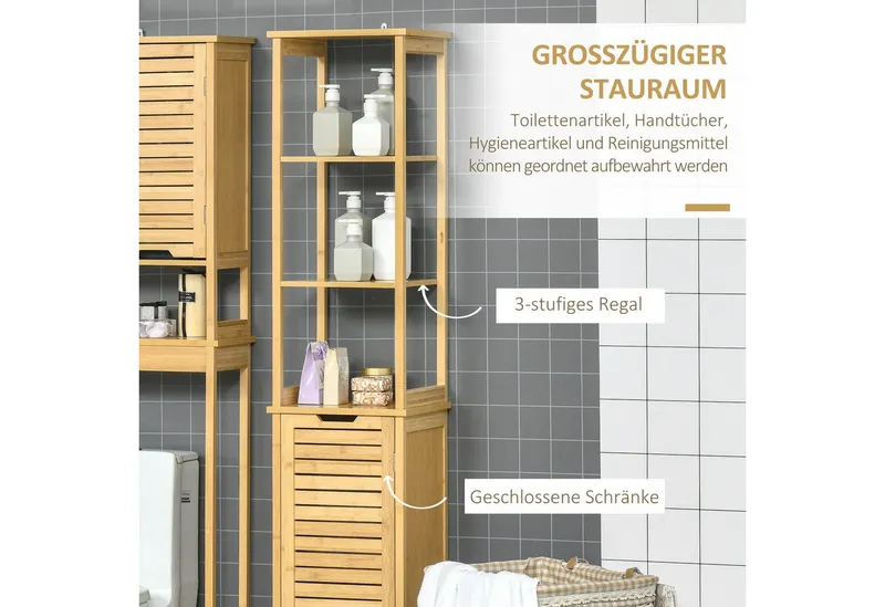 kleankin kleankin Badkommode Badschrank Hochschrank mit 3 offenen Fächer und 1 Schrank, Bambus (Badmöbel, 1 St., Badezimmerschrank), Natur 34 x 30 x 173 cm, Beige, – Produktbild 4 von 4