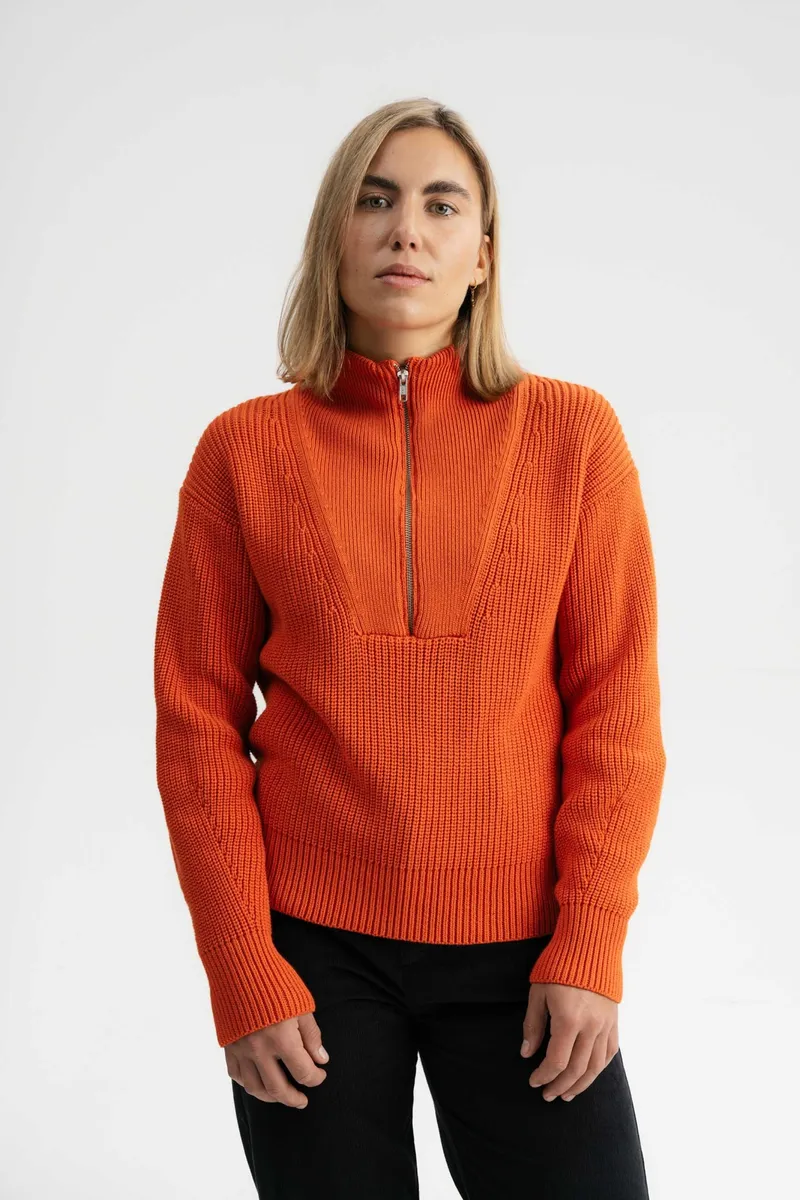 MELA MELA Damen vegan Troyer Rippenstrick Kimaya Orange Ziegel, Dunkelorange, – Produktbild 2 von 2