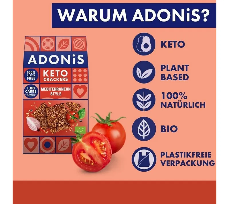 Adonis Keto Crackers (10 x 60 g Packung), Vegan & Keto-freundlich Kapseln, 100% natürlich, Glutenfrei, palmölfrei, laktosefrei, Gesunder Snack à – Produktbild 2 von 5