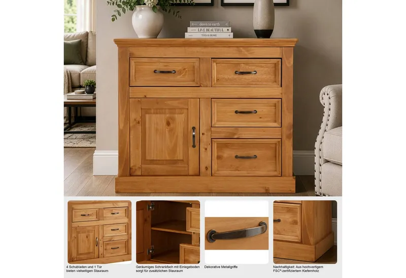 OTTO home Sideboard Selma Kommode mit 1 Tür, 3 Schubläden und 2 Fächer, Metallgriffe, aus massivem Kiefernholz, natürlichen Maserung, Breite/Höhe 100/87 cm, Weiß, – Produktbild 3 von 5