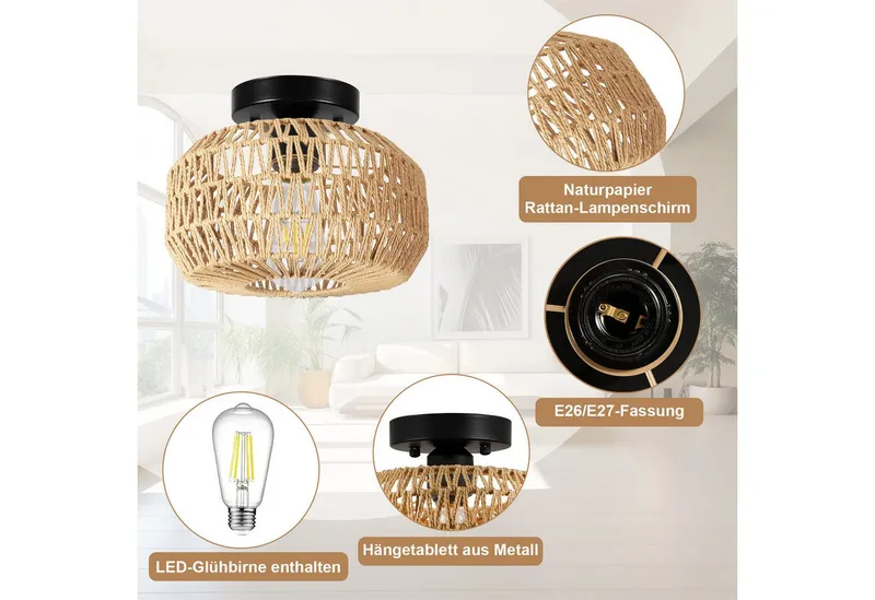 LMaxhome LED Deckenleuchte Hängend Boho Rattan Deckenlampe Vintage Kronleuchter Lampenschirm Flur, E27 Glühbirne LED fest integriert Bambus Wohnzimmer Esszimmer Lampe – Produktbild 5 von 5