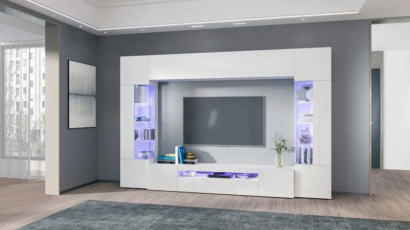 OTTO home Wohnwand New Egypt, (4-St., Breite 290cm), bestehend aus 2 Stauraumvitrinen, 1 Lowboard, 1 Hängeschrank, Weiß, – Produktbild 2 von 5
