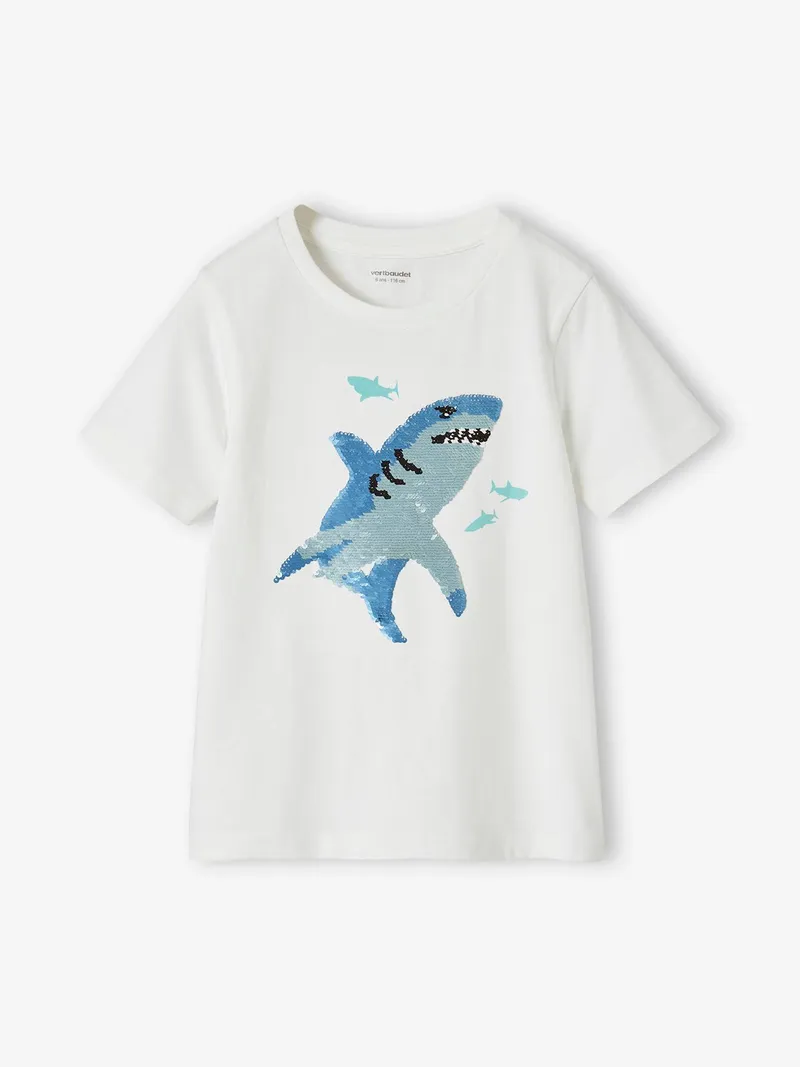 Vertbaudet Jungen T-Shirt mit Wende-Pailletten, Weiß, – Produktbild 1 von 3