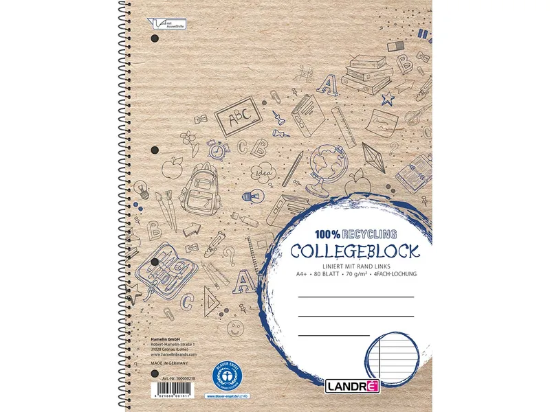 Herlitz herlitz Recycling-Collegeblock mit Rand links, DIN A4, liniert, 80 Blatt – Produktbild 1 von 1