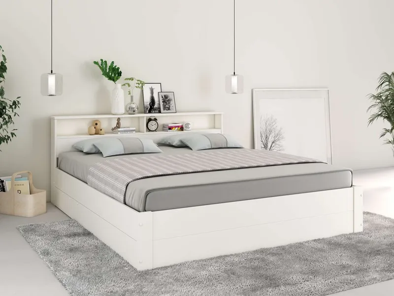 OTTO home Stauraumbett MAREILLES, Bett, Made in Europe, FSC® zertifiziertes Massivholz (140x200cm und 180x200cm), Massivholz, Hebemechanismus, Stauraum im Kopfteil und unter dem Bett, Weiß, – Produktbild 1 von 8