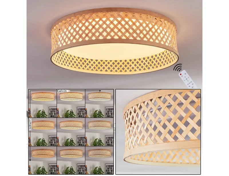 hofstein Deckenleuchte Deckenlampe im Boho-Design aus Metall/Bambus/Kunststoff in Weiß/Natur, ohne Leuchtmittel, Deckenleuchte dimmbar, Fernbedienung, Memory-Funktion, CCT einstellbar, Beige, – Produktbild 1 von 8