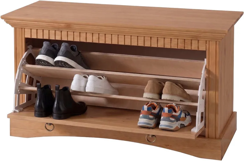 OTTO home Schuhtruhe Rustic, Schuhbank, Dielenmöbel, Landhausstil (Made in Europe), aus massiver Kiefer, Sitzhöhe 49 cm, mit Kassettenoptik, Beige, – Produktbild 5 von 5