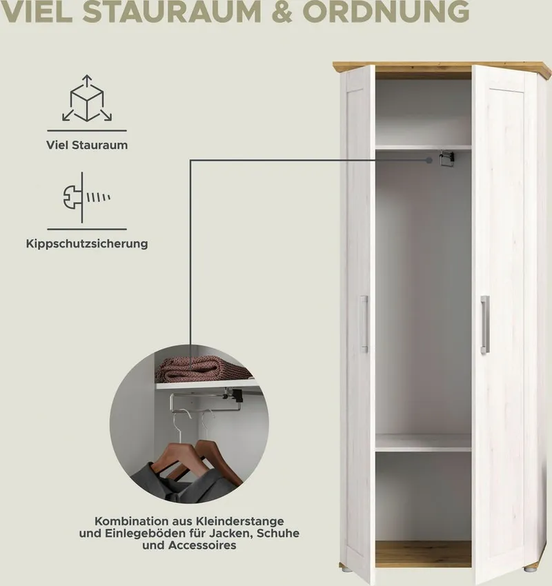 Home affaire Garderobenschrank COSENZA, Höhe 196 cm, 2 Türen, 2 Böden, 1 Kleiderstange Hochschrank, Stauraumschrank, Schrank, Flurschrank, Dielenschrank, Weiß, – Produktbild 4 von 5