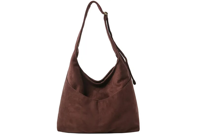 Oemmn Schultertasche große Damen Wildleder Tasche mit Reißverschluss & verstellbarem Gurt, Handtasche Damen aus weichem veganem Leder mit Fächern, Kaffee, – Produktbild 1 von 4