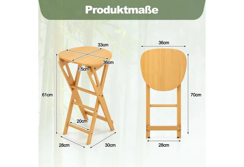 COSTWAY COSTWAY Barhocker Bambus, Sitzhocker klappbar (2 Set), ohne Lehne, Sitzhöhe 61cm, 150kg, Beige, – Produktbild 5 von 5